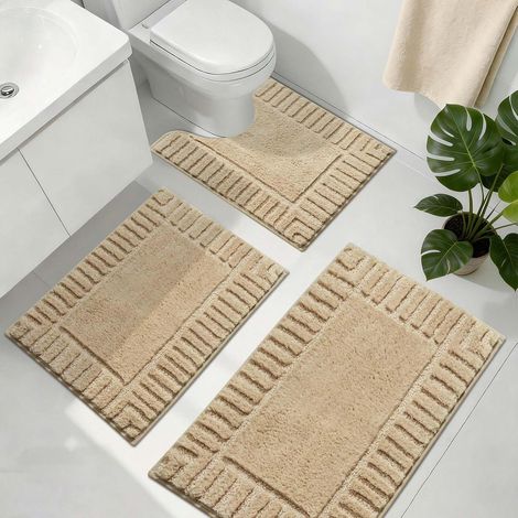 Tapis De Bain Ensemble De 3 Pièces Antiderapant Tapis Lavable en Machine Beige Absorbant Moelleux pour De Salle De Bain WC Toilette (1/5)