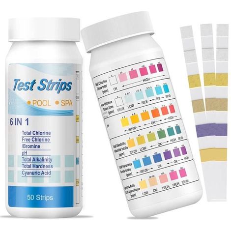 50pcs Bandelette Test Piscine 6 en 1 Tester Chlore Total, Chlore Libre/Brome, PH, Alcalinité Totale, Dureté Totale, Acide (1/4)