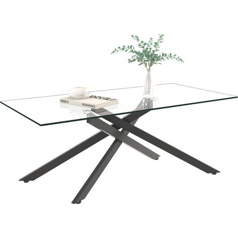CHICFURN Table basse rectangulaire en verre trempé avec pieds en métal noir, design moderne et transparent pour salon, meuble de séjour stable et facile à nettoyer (1/5)