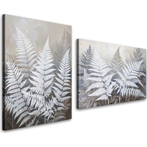 Set de tableaux sur toile  Feuilles de fougère blanches plantes en beige 2 x 20x30