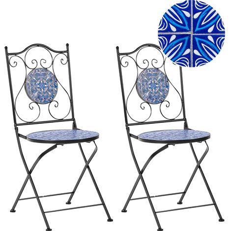 Conjunto de 2 sillas de exterior de metal de estilo vintage plegable estructura de hierro negro motivo mosaico azul Cigilano