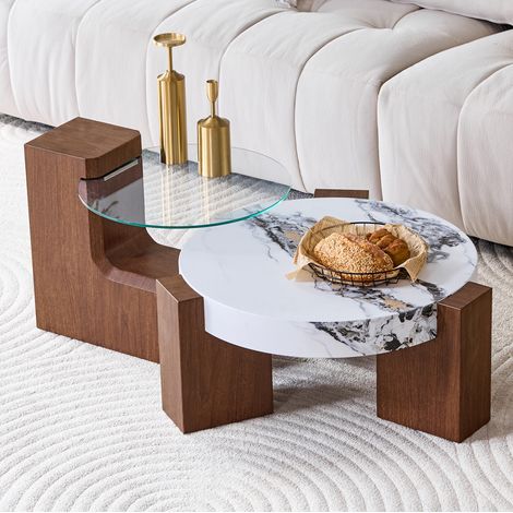 Table basse gigogne 78x75x34 cm en MDF effet noyer et verre, modulable pour salon FloraGrace (1/5)