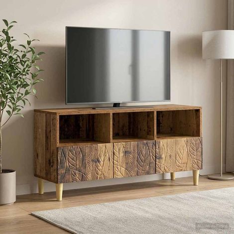 Meuble TV vintage 3 tiroirs bois d'ingénierie pieds eucalyptus bois ancien 102 x 34,5 x 50 cm - PANGIVO (1/5)