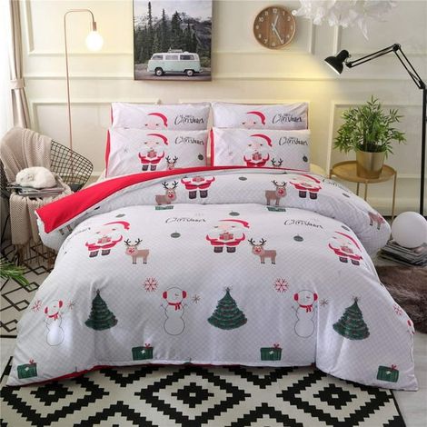 Housse de couette Blanche Reine Noël Père Noël Cerf Arbre imprimé Parure de lit en coton pour Nouvel An (1/5)