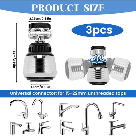 Set di 3 aeratori per rubinetto rotanti a 360° con 2 tipi di getto, acciaio inossidabile argentato, risparmio idrico, adattatore universale per cucina e bagno (1/4)