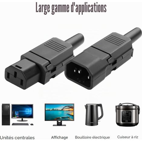 IEC320 C13 C14, AC 250V 10A, 3 Broches Prise, C13 Connecteur C14 Prise d'Alimentation Réutilisable, 2X Connecteur mâle et 2X Connecteur femelle (1/5)