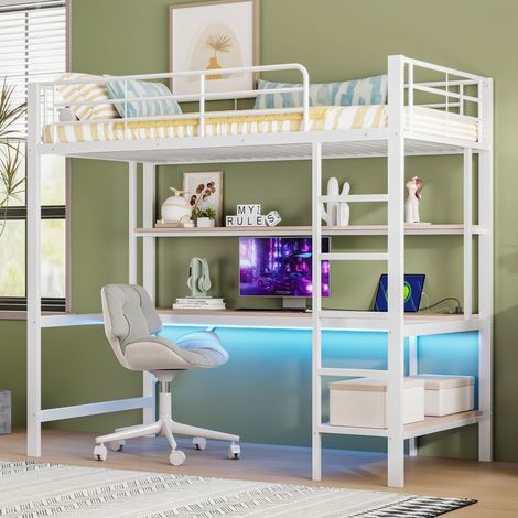 Hochbett Metall Weiß 90x200 cm mit Schreibtisch, Regal, LED-Beleuchtung, USB und Steckdose (1/5)