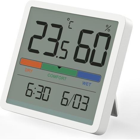 Hygrometer-Thermometer für den Innenbereich, digitales Tischthermometer mit Temperatur- und Feuchtigkeitsmonitor, Raumthermometer mit genauer Feuchtigkeitsanzeige und Uhr (weiß)