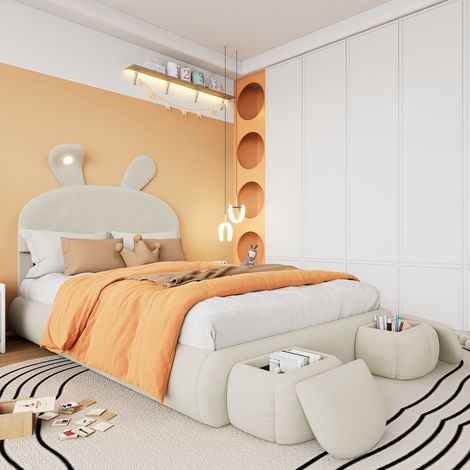 Cama Baúl 140x200 Cm Estructura Hidráulica Y Oreja Conejo Terciopelo Beige (1/5)