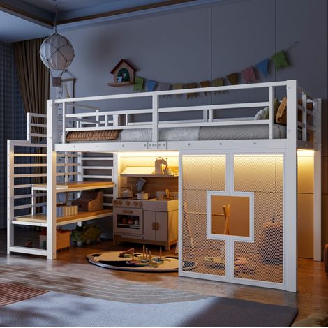 Hochbett 90x200 cm Weiß aus Metall und MDF mit Treppe, Stauraum, Fenstern und LED-Beleuchtung (1/5)