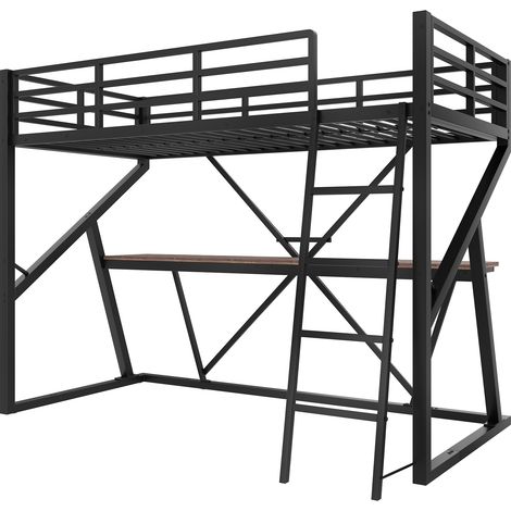 Letto a soppalco 90 x 200 cm in metallo e MDF nero con LED, scrivania, scala e parapetto (1/5)