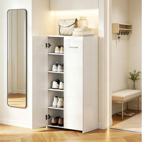 Mobile portascarpe 55x36x108 cm in truciolare bianco lucido salvaspazio – MEUBLIV (1/5)