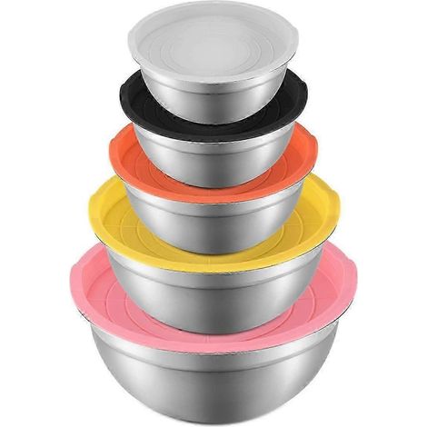 Set aus 5 Rührschüsseln mit Deckeln, stapelbare Salatschüsseln aus Edelstahl zum Vorbereiten, Mischen und Servieren (silber) (1/5)