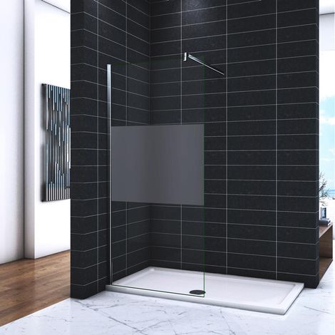Parete doccia Walk In 80x200cm vetro temperato trasparente Anti-Frantumi da 8mm Striscia Satinata-Opaca Centrale 90cm Barra Stabilizzatrice (1/5)