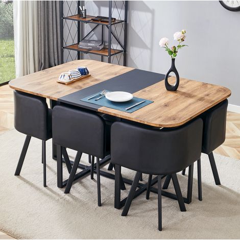 Juego de comedor extensible para 4 a 6 personas, con sillas guardables, MDF y metal, negro y madera natural (1/5)