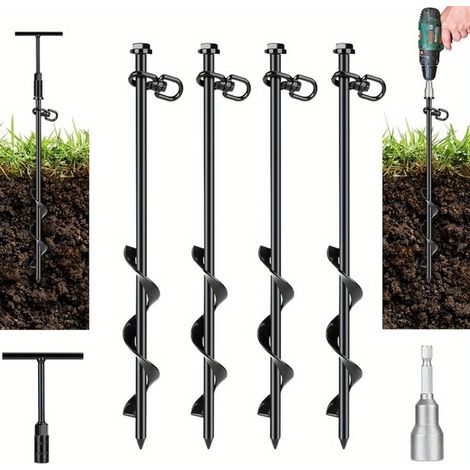 30cm Vis d'ancrage au sol robustes - Piquets de tente pour vent fort avec poignée en T - Clé hexagonale - Crochet de trampoline - Piquets de sol pour camping, auvents, ports de voiture, abris de