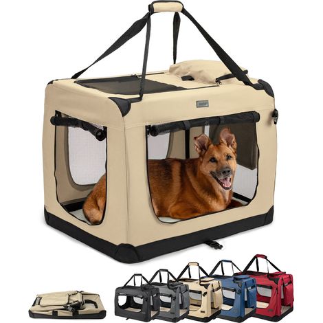 lionto Hundetransportbox faltbar, stabile Stoffbox mit Mesh-Einsätzen, ideal für Auto, Reise & Tierarzt, 82x58x58 cm, beige