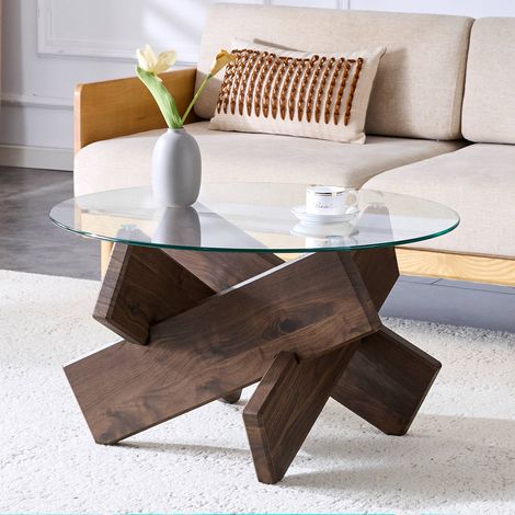Table basse ronde moderne Ø79 cm, plateau en verre trempé transparent et structure effet bois noyer, table salon design avec pieds croisés MDF (1/5)