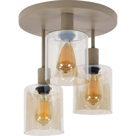 Plafonnier cylindre 3 lampes 35x40 cm en verre ambré et beige - GRETA (1/4)