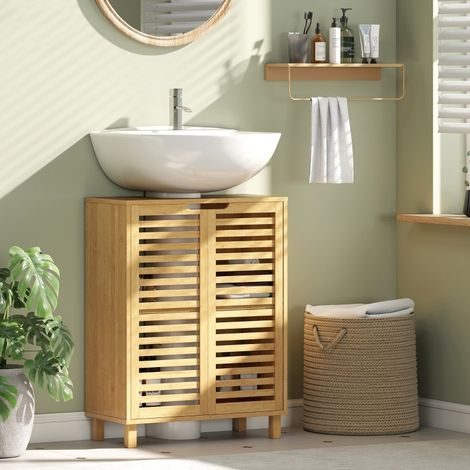 Mobile bagno sottolavabo in bambù, ante a doghe, ripiano regolabile, naturale OKWISH (1/5)