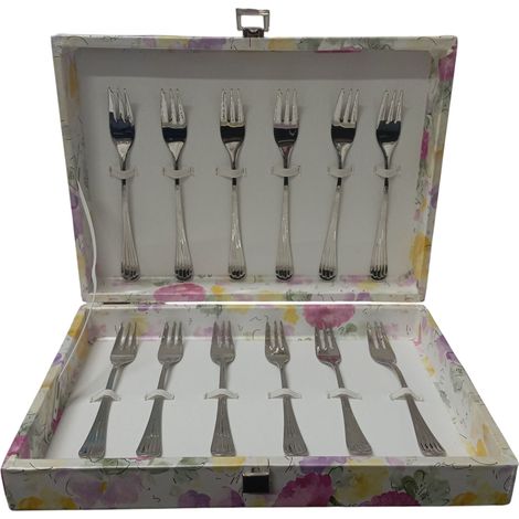 Set 12 Forchettine per Dolce Frutta Inox 18/10 15cm Made in Italy in Elegante Scatola Regalo Decorata oro per Torta e Dessert Tavola Festa HORECA (1/5)