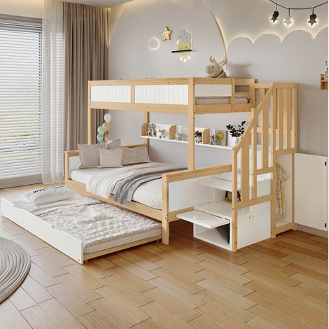Lit superposé enfant 3 couchages rangement blanc HAVRYA (1/5)