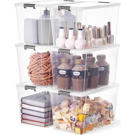 Boîte de rangement plastique 6.5L transparente avec couvercle, lot de 6, empilable (1/5)