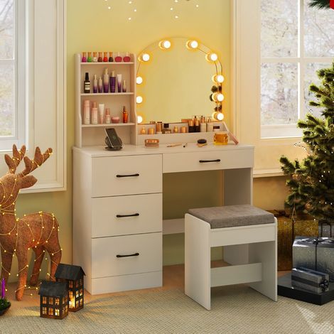 Ensemble de Coiffeuse et Tabouret Coiffeuse avec Miroir et Lumières Station de Charge Lumières LED Réglables à 3 Couleurs 4 Tiroirs Blanc (1/3)