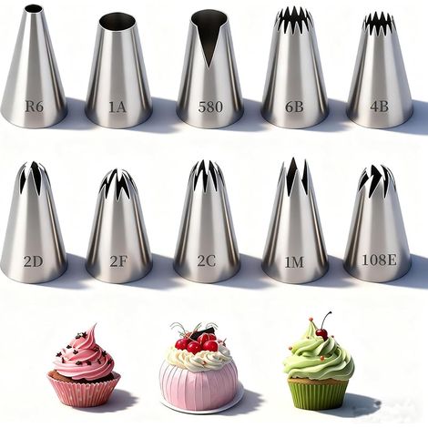 Lot de 10 douilles à douille en acier inoxydable 304 modèles 1M/1A/2D/580/108E/2F/R6/6B/2C/4B pour pistolet à crème et poche à douille (1/5)