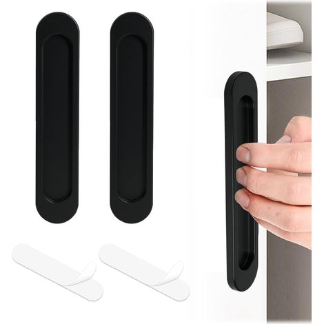 2 Pièces - Poignée de Porte Coulissante - Accessoire de Baie Vitrée - Installation Auto-Adhésive Sans Perçage - Alliage d&39Aluminium Résistant - Pour Meubles et Portes Intérieures - Noir - 14,8 cm