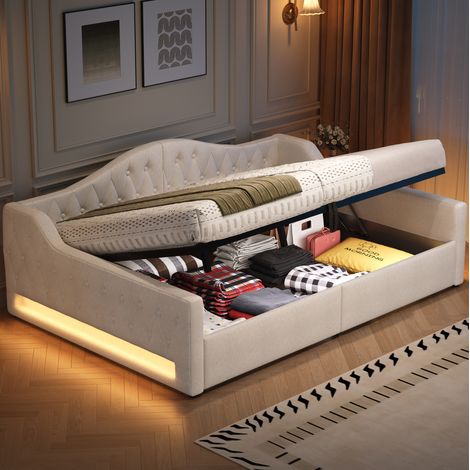Sofá cama (213.5x146.5x69 cm), con almacenamiento, iluminación LED de 7 colores, MDF y contrachapado, beige (1/5)