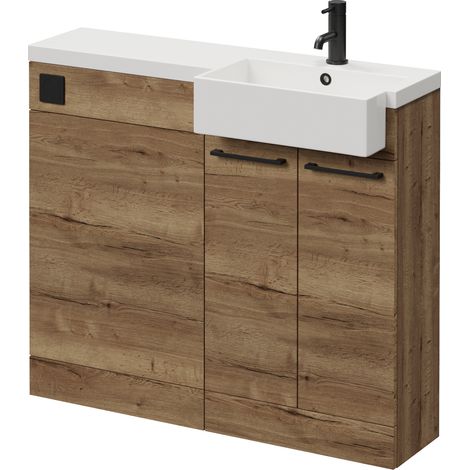 Napoli 250 Tobacco Oak 1000mm 2 Door Vanity Unit Toilet Suite with Right Hand Square Rico Semi Recessed Basin - 1000mm - Matt Black 160mm HandleWithout Kingston Toilet Pan