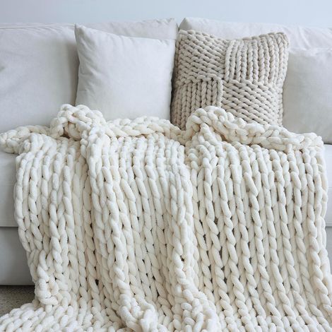 Couverture chenille grosse maille 100x150 cm, faite main, idéale canapé lit déco
