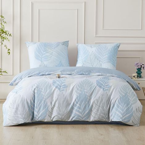 Bettwäsche Set 200x220 cm Baumwolle Blau Blätter mit Reißverschluss