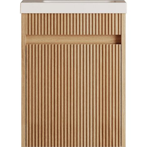 Mobile lavabo sospeso scanalato in legno di frassino con lavabo in resina bianco opaco Naturale chiaro 40 x 25.5 x 54 cm - DROVI (1/3)