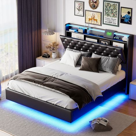 Lit adulte flottant 140x200cm - Cadre de lit 140x200 avec sommier LED et USB - Tête de lit capitonné avec rangement - Style modern - Noir (1/5)