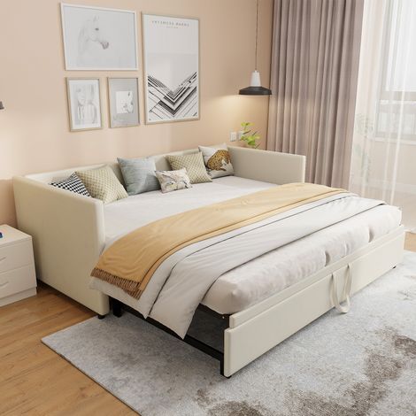 BLANKETSWARM - Canapé lit convertible 2 places 90/180 x 200 cm, Lit gigogne adulte avec sommier à lattes, Canapé-lit gigogne, Extensible, Tissu velours, Sans matelas, Beige