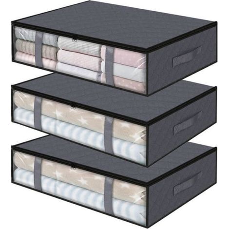 3 pièces Sac de rangement, Pliable, 4 poignées, Gris, pour sous le lit et armoire (1/4)