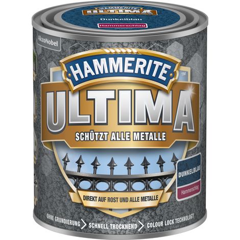 Hammerite Ultima Hammerschlag, Metallschutzlack, Hochwertiger Schutzlack für alle Metalle im Außenbereich, Dunkelblau, 750 ml