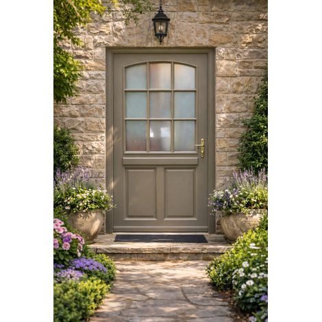 Porte D'entrée Bois Vitrée Alban Gris Quartz, H215 X L90 Cm Côte Tableau P. Gauche (poignée, Barillet Ref 010403fp) Gd Menuiseries