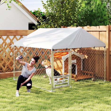 Perrera de Acero Galvanizado con Toldo Resistente y Estación de Alimentación para Perros 200x200x154 cm Plata (1/5)