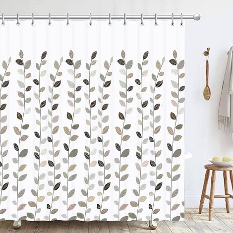 Rideau Douche Floral Feuilles, Blanc Minimaliste Moderne Imperméable Anti Moisissure Polyester Shower Curtain, Plantes Rideau de Bain Baignoire avec 12 Crochets pour Salle de Bains, 180 x180cm (1/5)
