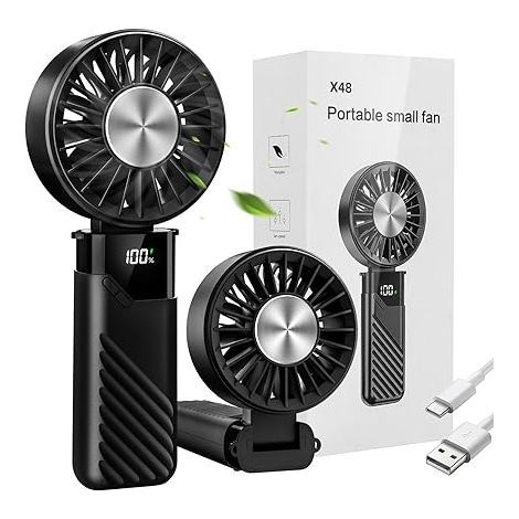 Mini Ventilateur Portable, USB Rechargeable Ventilateur a Main Silencieux Avec 5 vitesses, Petit Ventilateur de Poche Pliable, Ventilo Portatif Hand Fan de Bureau et D'extérieur (Noir) (1/5)