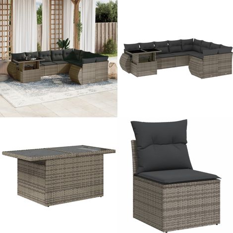 10-tlg. Garten-Sofagarnitur mit Kissen Grau Poly Rattan - Gartenmöbel - Sofagarnitur - Outdoor Möbel - Lounge Set - PE-Rattan - Home & Living (1/5)