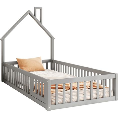 Hausbett 90×200 cm, Kinderbett mit Sicherheitsgitter und Schornsteinform, ohne Matratze, Grau (1/5)