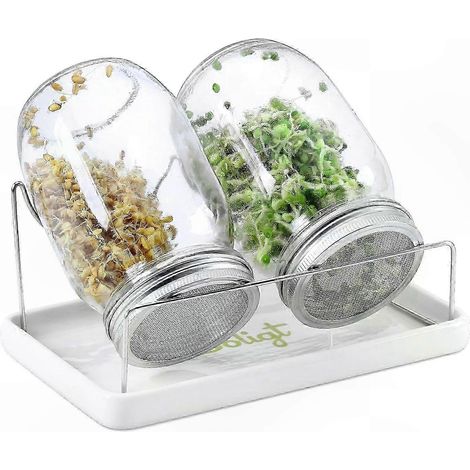 Kit complet de germination en bocaux Mason : 2 bocaux d’un litre avec couvercles en acier inoxydable et support (1/3)