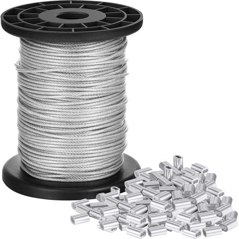 Cable de acero inoxidable de 1/16" - 50 m - 1,5 mm - Cable colgante - Núcleo de 7 x 7 hebras - Resistencia a la rotura de 167 kg - Con 100 fundas de aluminio