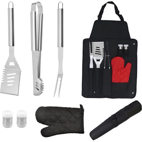 Lot de 8 accessoires barbecue en acier inoxydable avec sac de rangement, tablier et gants noirs pour grillades en extérieur, intérieur, fêtes et camping (1/5)