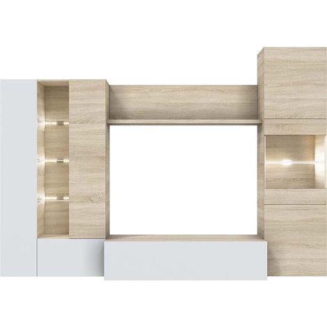 Parete Attrezzata Mobile Soggiorno TV Per Salotto Base Televisione Con Scaffali Illuminati Con LED Per Sala Da Pranzo Design Legno Moderno 260 x 185 x 42 cm Colore Bianco Lucido - Rovere