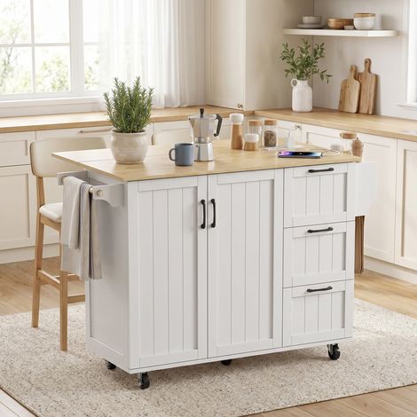Îlot Central Cuisine avec Plateau Rabattable 2 Prises et 2 Ports USB Desserte de Cuisine sur Roulettes 3 Tiroirs Blanc (1/5)